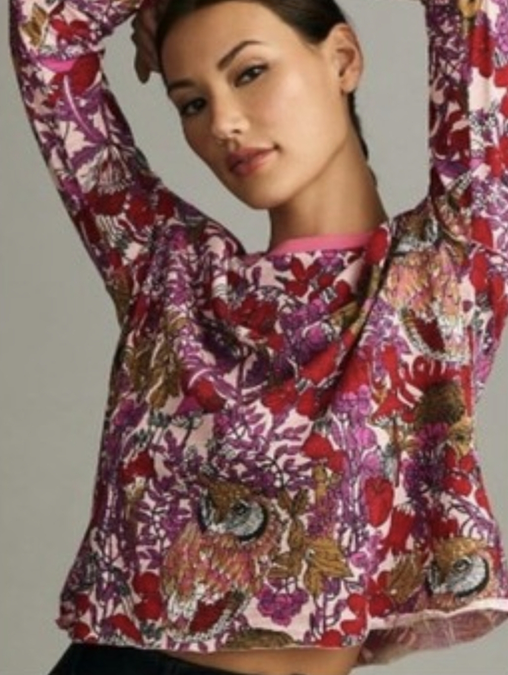 Maeve Anthropologie Pink Floral & Owl Print Long Sleeve Top Cotton Size XXS